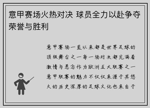 意甲赛场火热对决 球员全力以赴争夺荣誉与胜利