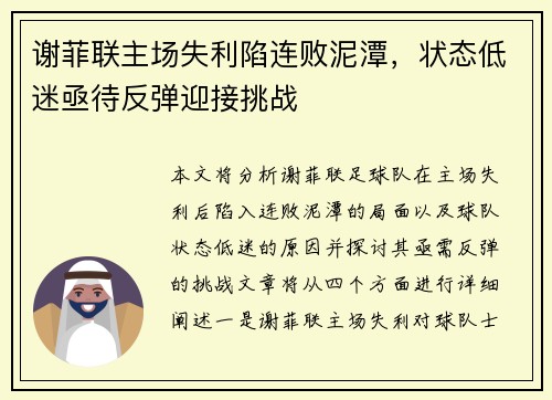 谢菲联主场失利陷连败泥潭，状态低迷亟待反弹迎接挑战