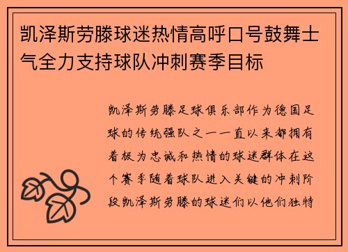凯泽斯劳滕球迷热情高呼口号鼓舞士气全力支持球队冲刺赛季目标