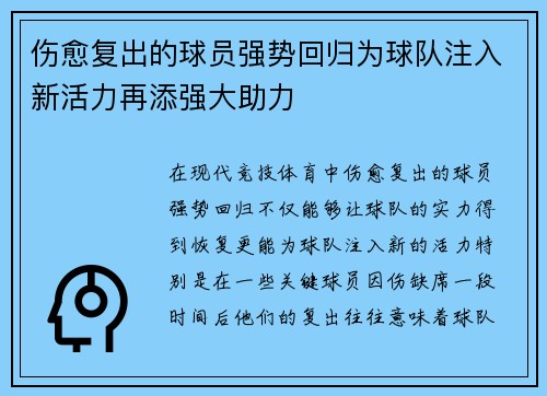 伤愈复出的球员强势回归为球队注入新活力再添强大助力