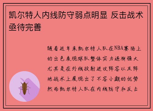 凯尔特人内线防守弱点明显 反击战术亟待完善