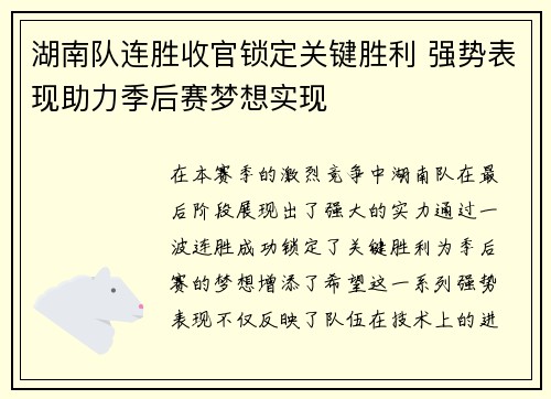湖南队连胜收官锁定关键胜利 强势表现助力季后赛梦想实现
