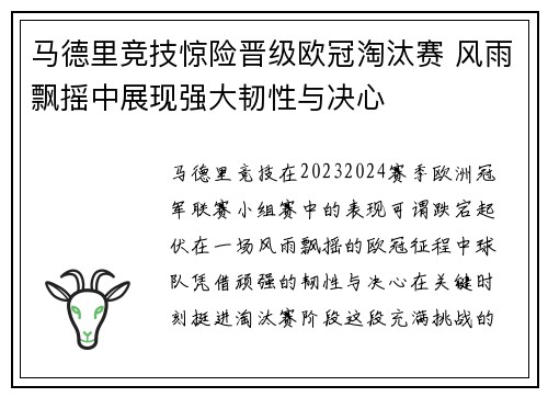 马德里竞技惊险晋级欧冠淘汰赛 风雨飘摇中展现强大韧性与决心