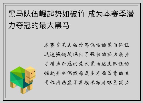 黑马队伍崛起势如破竹 成为本赛季潜力夺冠的最大黑马